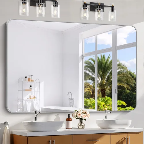 Miniatura 24 de Espejo de baño de 18 x 24 pulgadas con marco de metal negro rectangular, espejo de tocador rectangular de esquinas redondeadas, espejo de pared