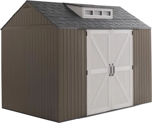 Miniatura 19 de Rubbermaid - Cobertizo grande vertical de resina para exteriores con piso (6.2 x 4.6 pies), resistente a la intemperie, beige/marrón, para organizar