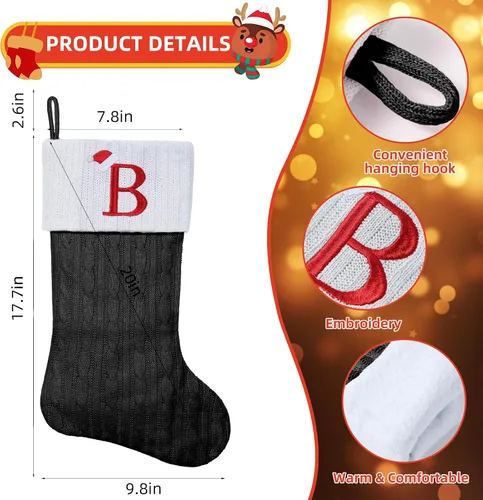 Miniatura 2 de Medias de Navidad personalizadas de 19 pulgadas con iniciales bordadas, medias de Navidad de punto negro para decoraciones de vacaciones familiares