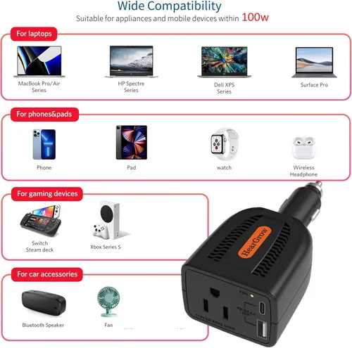 Inversor de corriente para automóvil de 100 W, convertidor de vehículos de 12 V CC a 110 V CA con puertos USB, toma de adaptador de enchufe y carga