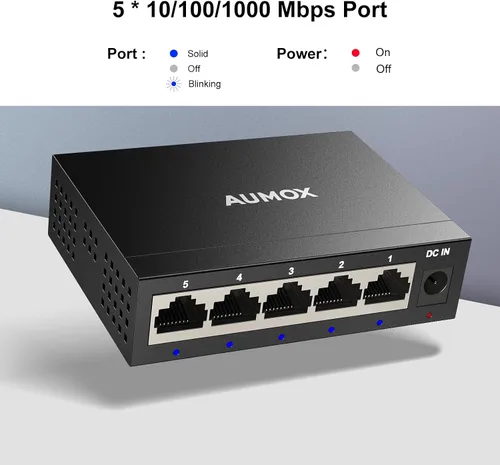 Miniatura 8 de Conmutador Ethernet Gigabit no administrado de 5 puertos, concentrador de red AUMOX PRO Home, divisor Ethernet de oficina, Plug-and-Play