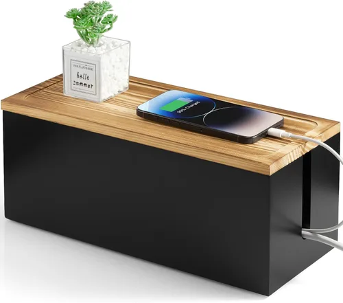 Miniatura 9 de Caja organizadora de cables de madera de acacia, caja organizadora de cables, 2 ranuras abiertas, organizador de cables para debajo del escritorio