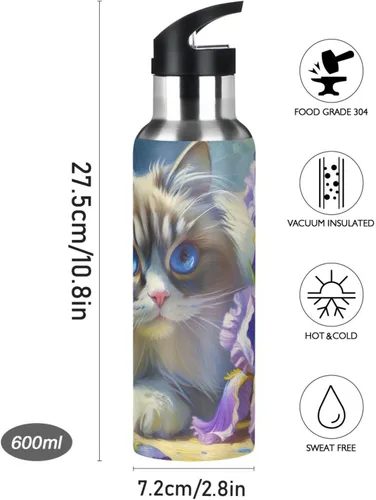 Miniatura 9 de Stainless Steel Vacuum Insulated Water Bottle 32 Oz, Leakproof Water Bottles for Gym Outdoor Travel School, Cute Cat Purple Flowers