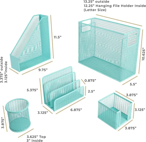 Miniatura 6 de Blu Monaco Aqua - Juego de organizador de escritorio de 5 piezas Juego de suministros de oficina de metal con organizador de archivos colgante