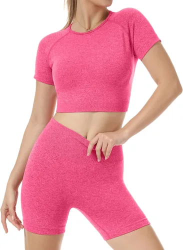 Miniatura 3 de Nicytore Conjuntos de yoga para mujer, conjunto de 2 piezas, sin costuras, manga corta, pantalones cortos, leggings de entrenamiento, ropa deportiva