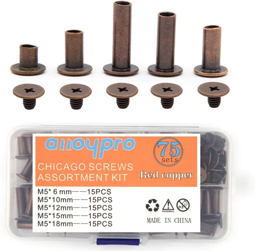 Miniatura 8 de Chicago Tornillos surtidos Kit de remaches de cuero de cobre rojo, remaches de tornillo, cabeza Phillip ranurada, postes de encuadernación