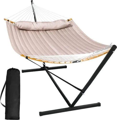Miniatura 9 de SUNCREAT Hamaca doble con soporte incluido, hamaca portátil con soporte y almohada grande, rayas azules