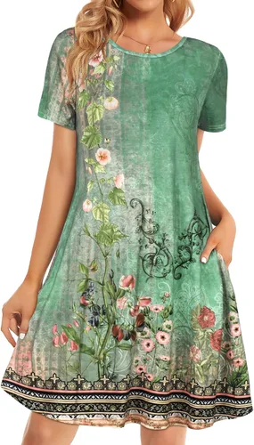 Miniatura 41 de Vestidos de verano para mujer, informales, holgados, estilo camiseta, florales, de manga corta, con vuelo y bolsillos, para la playa