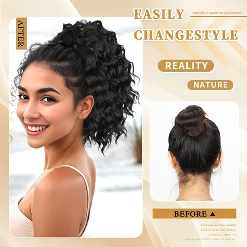 Miniatura 3 de Matriarchs Extensión de cola de caballo corta y rizada con cordón para mujer, pieza de cabello sintético largo afro rizado esponjoso para uso diario