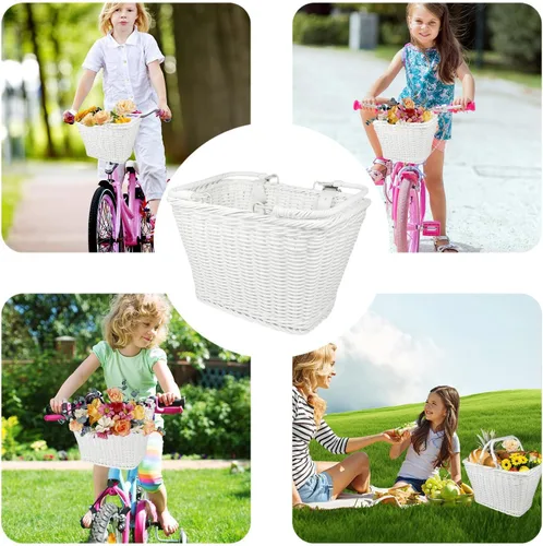 Miniatura 7 de Cesta de bicicleta para niños y niñas, cesta de scooter para niños, bonita cesta cuadrada de mimbre para niños y niñas, manillar desmontable