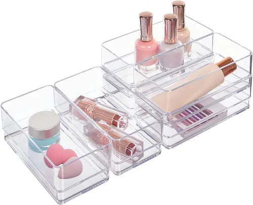 Miniatura 11 de STORi SimpleSort Juego de 6 organizadores de cajones transparentes apilables Bandejas rectangulares de 9 x 3 x 2 pulgadas Contenedores estrechos