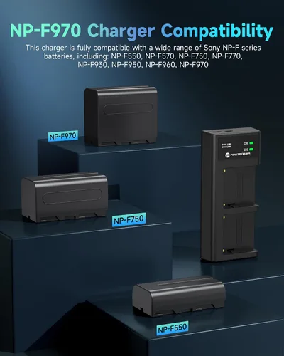 Miniatura 7 de FirstPower Paquete de 2 baterías NP-F970 y cargador dual USB para batería Sony NP-F970 F960 F950 F930 F750 F570 F550 F530 F330 y Sony Handycams