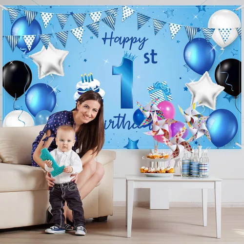 Miniatura 4 de Cartel de fondo de feliz primer cumpleaños azul para recién nacidos, fondo de fotografía para primer cumpleaños, suministros de decoración de fiesta