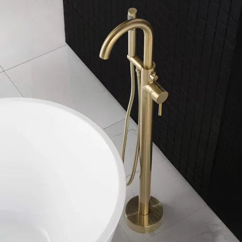 Miniatura 8 de WOODBRIDGE F0007 BG Grifo de bañera independiente relleno de bañera para montaje en el suelo de latón grifos de baño con ducha de mano, F-0007 Oro