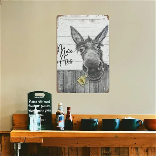 Miniatura 8 de QHOVPA Letreros de metal vintage con diseño de burro, divertido letrero de baño para baño, ilustración de pared con texto en inglés "Nice Ass