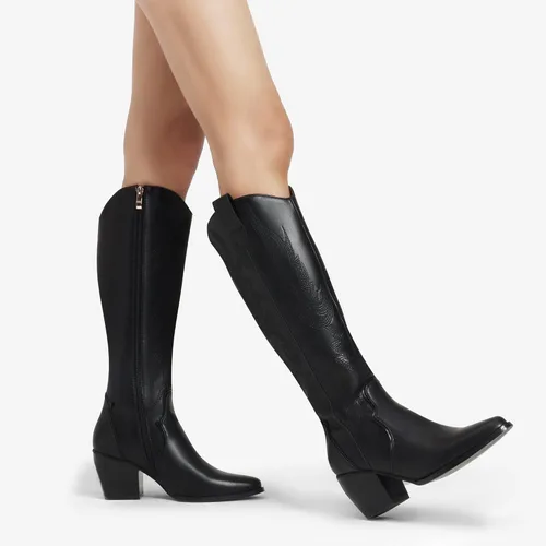 Miniatura 7 de Dream Pairs - Botas vaqueras para mujer, cómodas, con cremallera, tacón grueso, puntera puntiaguda, bordadas, botas altas hasta la rodilla
