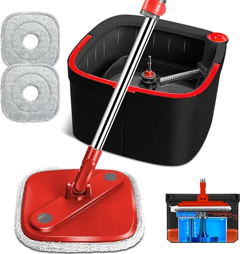 Trapeador giratorio y cubo con sistema de agua sucia y limpia M16 con 2 almohadillas, cabezal de trapeador giratorio de 360° y cubo para piso de