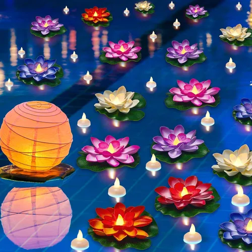 Amylove Juego de 26 piezas de hojas de flor de loto flotantes con luces LED de té, 3.94 pulgadas, lirio de agua, luces LED flotantes impermeables