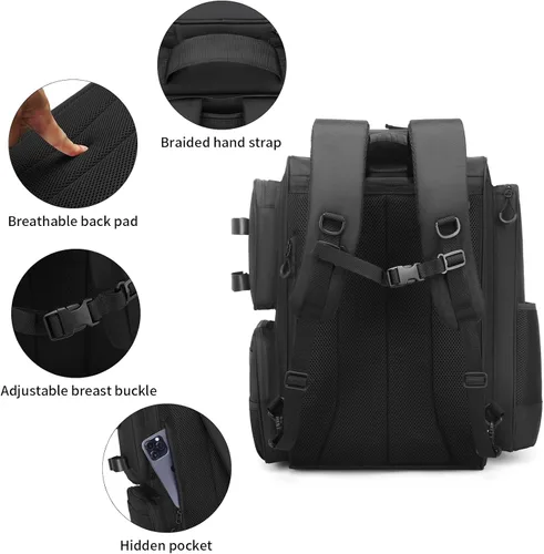 Miniatura 6 de WANOON - Mochila para pesca, bolsa de pesca con soportes para cañas. Mochila de aparejos grande con materiales resistentes Negro