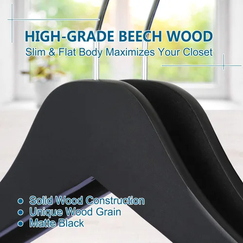 Miniatura 6 de TOPIA HANGER Perchas de madera negra, colgador de ropa delgado de madera de 0.28 pulgadas con diseño plano y muescas suaves, perchas ligeras que