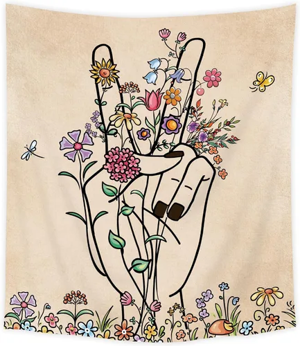 SVBright Tapiz de Paz y Amor Beige Abstracto Flor Botánica de Mano para Colgar en la Pared 51Wx59H Pulgadas Arte de Línea Floral Hippie Minimalista