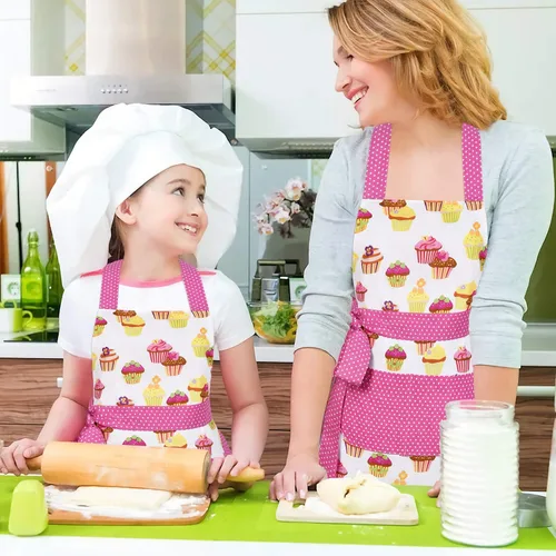 Miniatura 2 de Claswcalor Paquete de 2 delantales 100% algodón para padres e hijos, diseño de cupcakes, delantal de cocina ajustable para mujeres y niños, hijas