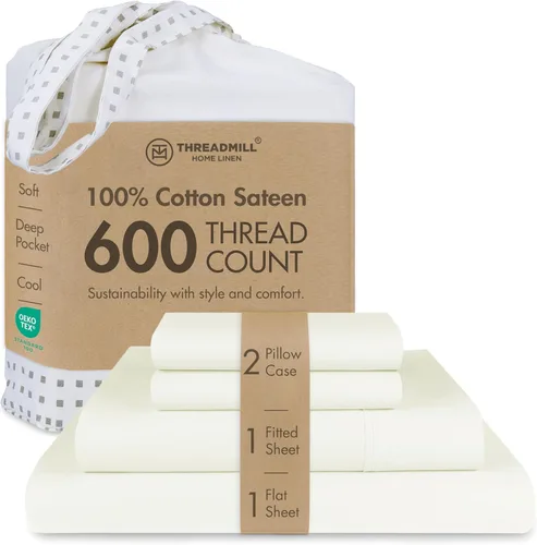 Threadmill Sábanas de Algodón 100% para Cama Tamaño Full - Juego de Sábanas Full de 600 Hilos con Bolsillo Profundo de 16" - Juego de Ropa de Cama