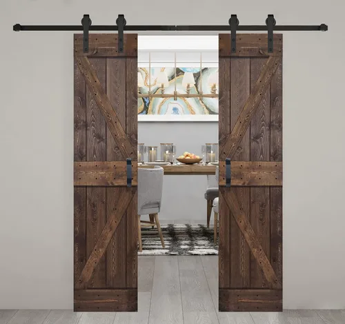 Miniatura 9 de Serie K de 60 x 84 pulgadas (30 x 84 pulgadas x 2 paneles) Puerta corredera clásica de madera maciza con acabado de nogal con riel de herrajes