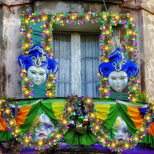 Miniatura 7 de Guirnalda de oropel de Mardi Gras de 20 pies/19.7 ft con luces LED, guirnalda metálica de oropel con pilas, guirnalda colgante de lámina colorida