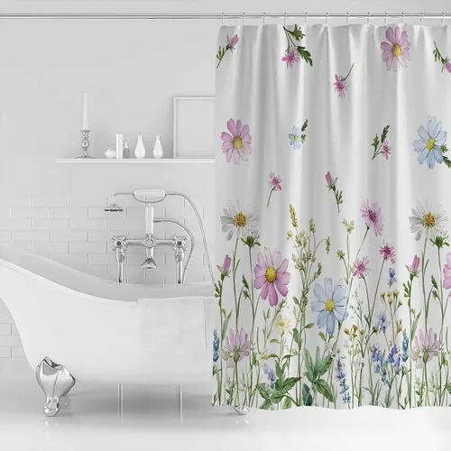 Miniatura 2 de YOKOU Cortina de ducha, flores silvestres con estampado floral de acuarela de primavera, plantas repelentes al agua, tela de poliéster, cortinas