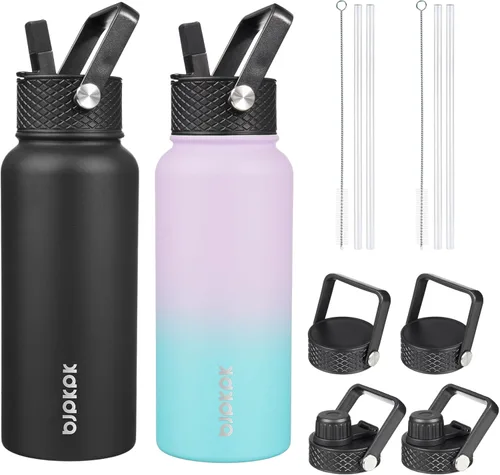 Miniatura 21 de BJPKPK Paquete de 2 botellas de agua aisladas con tapas con pajita, botella de agua de metal de acero inoxidable de 18oz con 6 tapas, jarras a