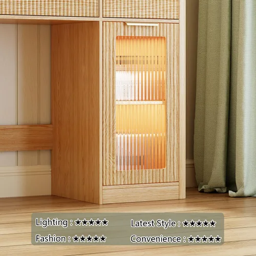 Miniatura 5 de Tocador grande de 47 pulgadas, moderno escritorio de maquillaje acanalado con espejo y luces, tocador superior de cristal con 3 cajones y 2 armarios