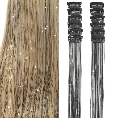 Paquete de 12 extensiones de cabello de oropel con clip, paquete de 12 unidades, 20 pulgadas, extensiones de cabello de oropel con purpurina, negro#