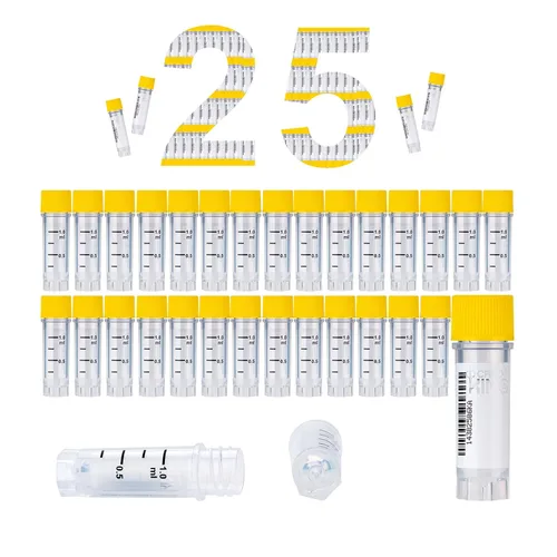 Miniatura 18 de Cryoviales de 0.0 fl oz, 25Pcs Cryotubes con código de barras lateral, frascos de esterilización con rosca externa, tubos de muestra con tapas Azul
