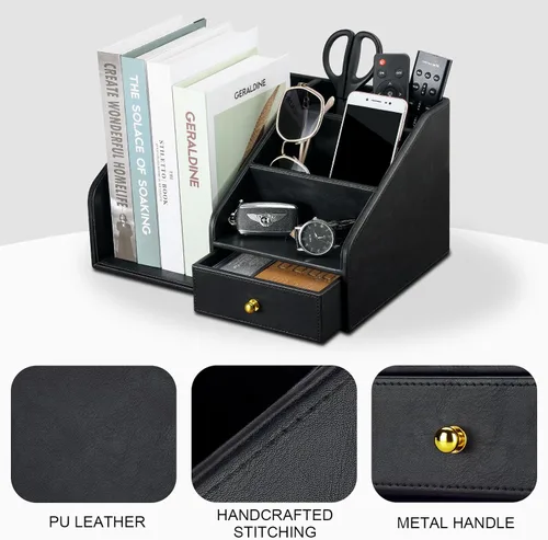 Miniatura 8 de KINGFOM Organizador de escritorio de piel sintética, organizador de escritorio multifunción con 6 compartimentos y accesorios para suministros