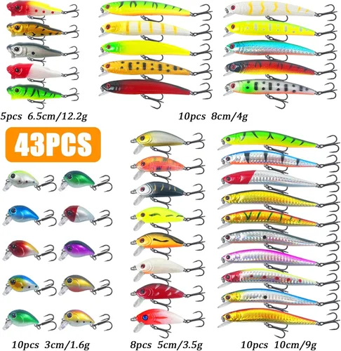 Miniatura 2 de Juego de 43 señuelos de pesca de lubina, cebos duros Topwater, Minnow Crankbait, lápiz VIB Swimbait para lucio, ajuste de agua salada y agua dulce