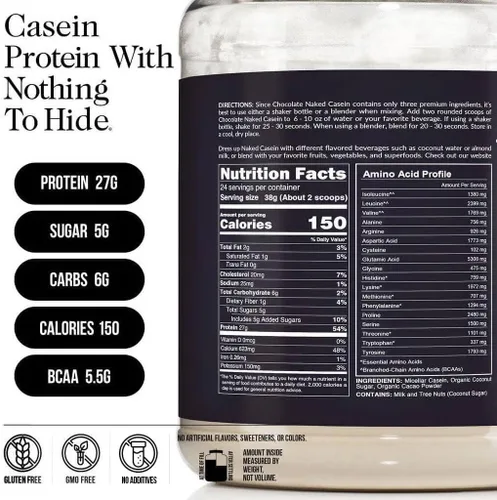 Miniatura 3 de NAKED Casein - 2 libras de proteína de caseína micelar de chocolate - a granel, sin OMG, sin gluten, sin soya, sin conservantes - estimula