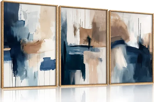 Miniatura 42 de Arte de Pared de Lienzo Enmarcado con Grandes Pinceladas Abstractas, Decoración de Pared Azul Marino Neutro, Pintura de Pared Moderna en Tonos