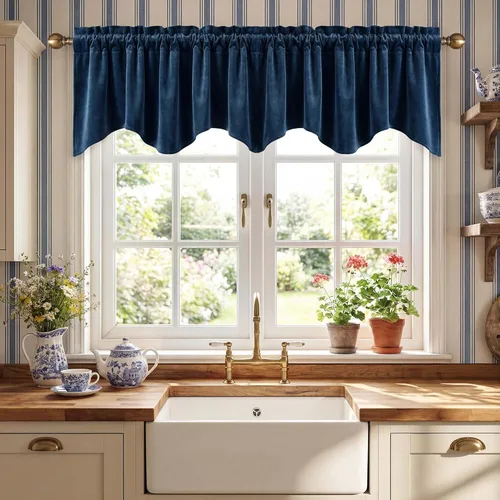 Miniatura 22 de StangH Cortinas decorativas de lujo, cenefa azul con bloqueo de luz, cenefa festoneada para ventana pequeña con bolsillo sólido para barra, cortina