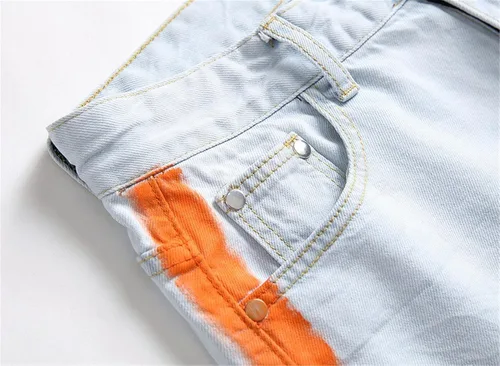 Miniatura 5 de Jeans rasgados a rayas laterales para hombre, corte recto, desgastados, con agujeros destruidos, pantalones de mezclilla casuales ajustados