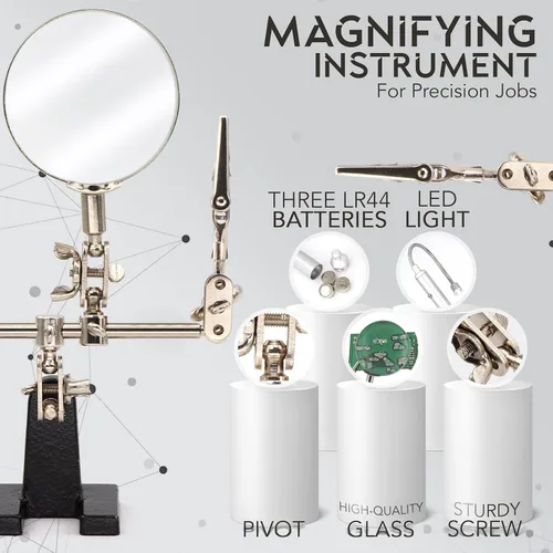 Miniatura 4 de RamPro soporte con lupa de mano y cuello flexible con luz LED + pinzas de cocodrilo, perfecto para soldar (baterías incluidas)