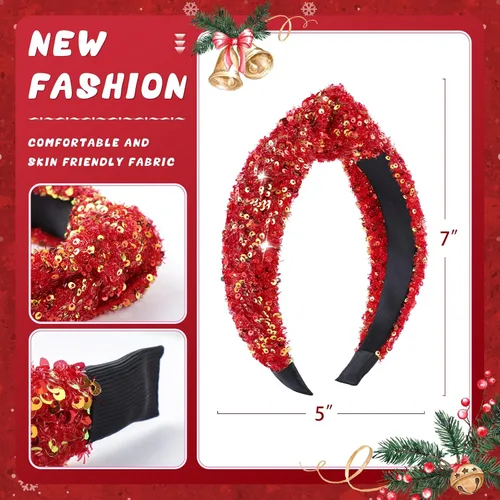 Miniatura 4 de Diademas anudadas de moda, diadema de lentejuelas anchas de color dorado rojizo, accesorios elásticos para el cabello con purpurina para mujeres