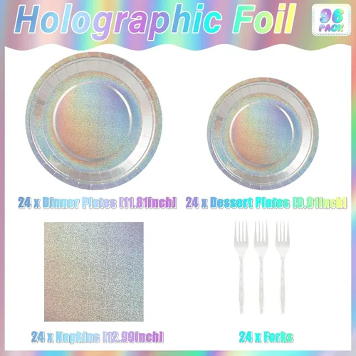 Miniatura 2 de Juego de vajilla de mesa holográfica de lámina brillante, platos iridescentes, servilletas, vajilla láser iridescente, platos desechables