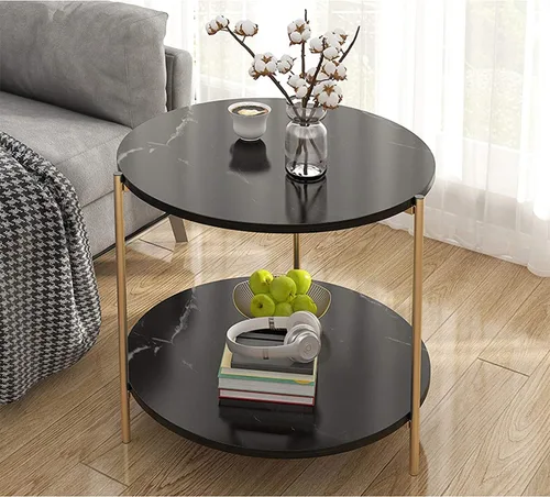 Miniatura 7 de Mesa de Centro - Mesa auxiliar redonda pequeña de 2 niveles con almacenamiento y patas en E de metal resistente, mesa circular moderna para sala