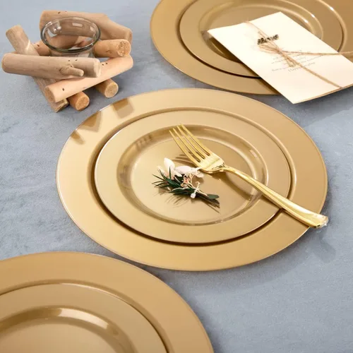 Miniatura 5 de DaYammi - 180 piezas de platos de plástico dorados, cubiertos de plástico desechables dorados, incluyen: 30 platos de comida, 30 platos de postre