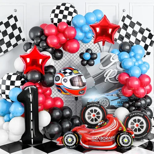 Miniatura 3 de Piokio 9 globos de auto de carreras, globos negros número 1 a cuadros para decoración de fiesta temática de primer cumpleaños de carreras
