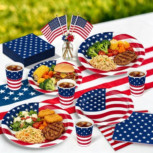 Miniatura 6 de 96 Pcs 4th of July Party Supplies Set, American Flag Patriotic Plates Napkins Cups, Disposable Red White Blue Star and Striped Dinnerware USA Flag