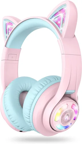 Auriculares Bluetooth para niños iClever con orejas de gato, luces LED, volumen seguro limitado de 74/85 dBA, tiempo de reproducción de 50 horas,