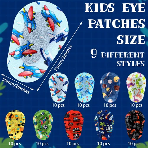 Miniatura 2 de 90 parches adhesivos para los ojos para niños, 9 estilos, parches para los ojos sin látex, almohadilla para los ojos a granel, bloqueo de luz
