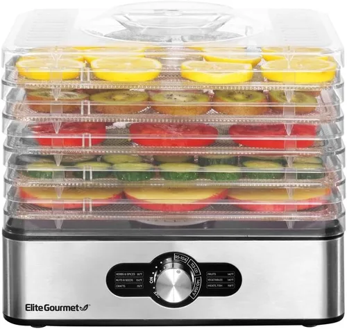 Elite Gourmet EFD3321 Deshidratador de alimentos, bandejas de acero inoxidable controles de temperatura ajustables, Jerky, hierbas, frutas,
